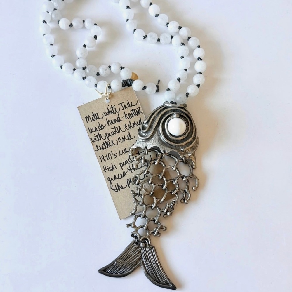 Handmade White Jade Bead Necklace with Vintage 70’s Era Silver Fish Pendant